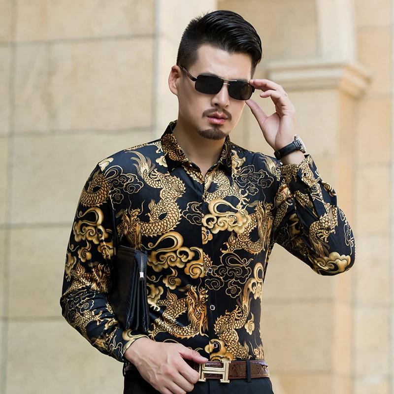 Мужская бархатная рубашка с отложным воротником и длинным рукавом осень 2017| |