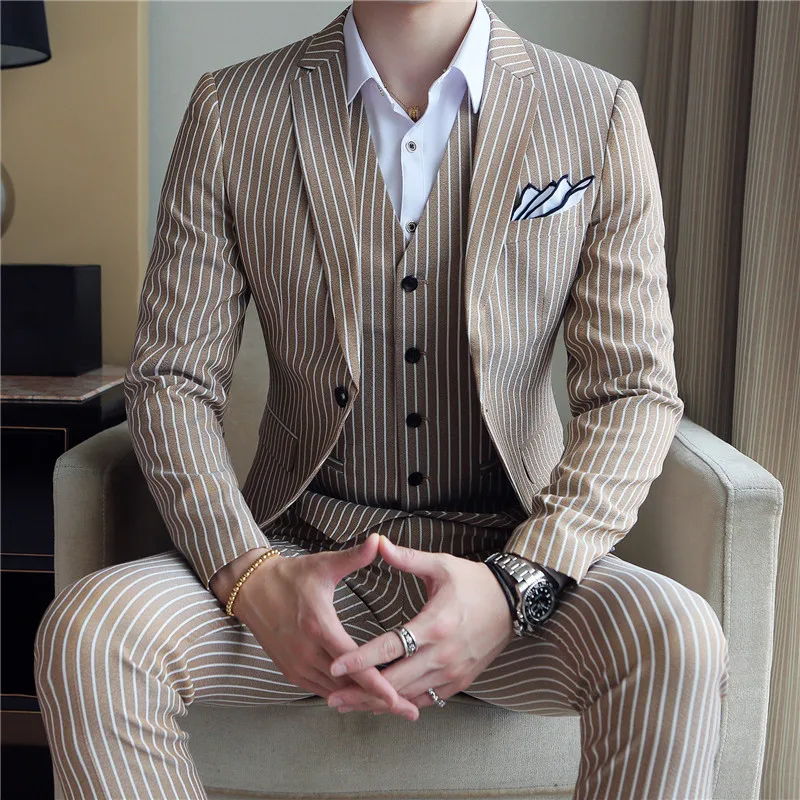 Coffee 5 colors Elegant Stripe Suit Terno Costume Homme Luxe Tuxedo Suit Formal Smoking Uomo Party Weddin Slim Fit Banquet Suit Men - Цвет: Coffee