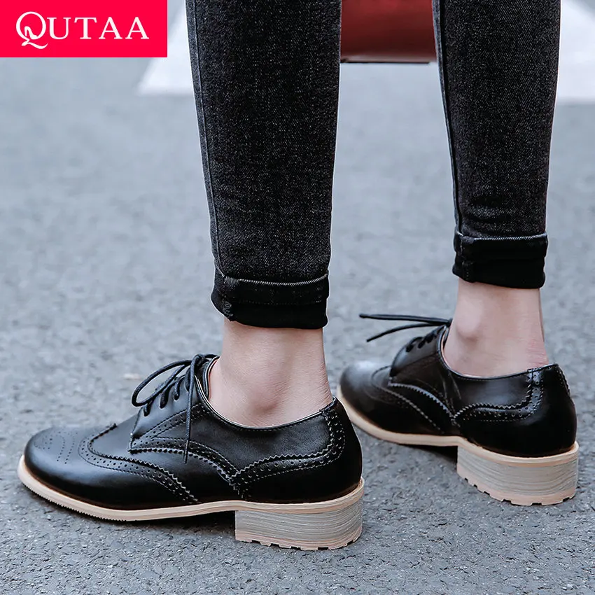 QUTAA/ г. Женские туфли-лодочки элегантные женские туфли-лодочки из искусственной кожи на платформе и квадратном каблуке, модные черные демисезонные туфли-лодочки на шнуровке размеры 34-43