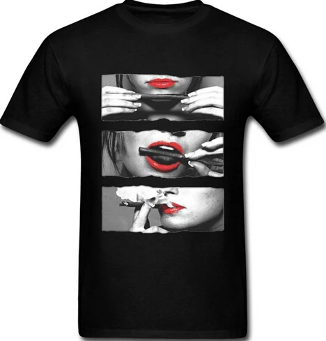 Мужская футболка с тупым рулоном и красными губами Повседневная хлопковая