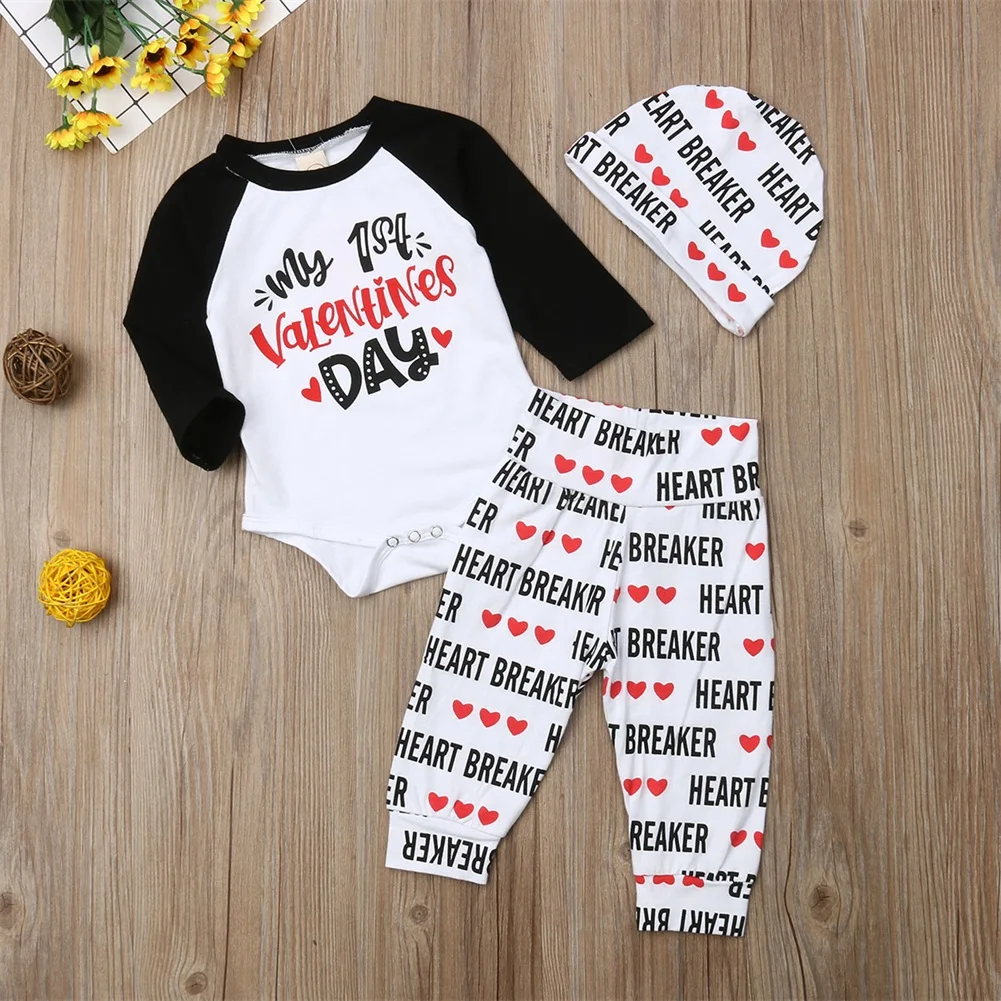 Комплект одежды для новорожденных мальчиков и девочек, топы с длинными рукавами+ штаны, леггинсы, комплект одежды на День святого Валентина, милый мягкий хлопковый комплект из 3 предметов для детей 0-18 месяцев