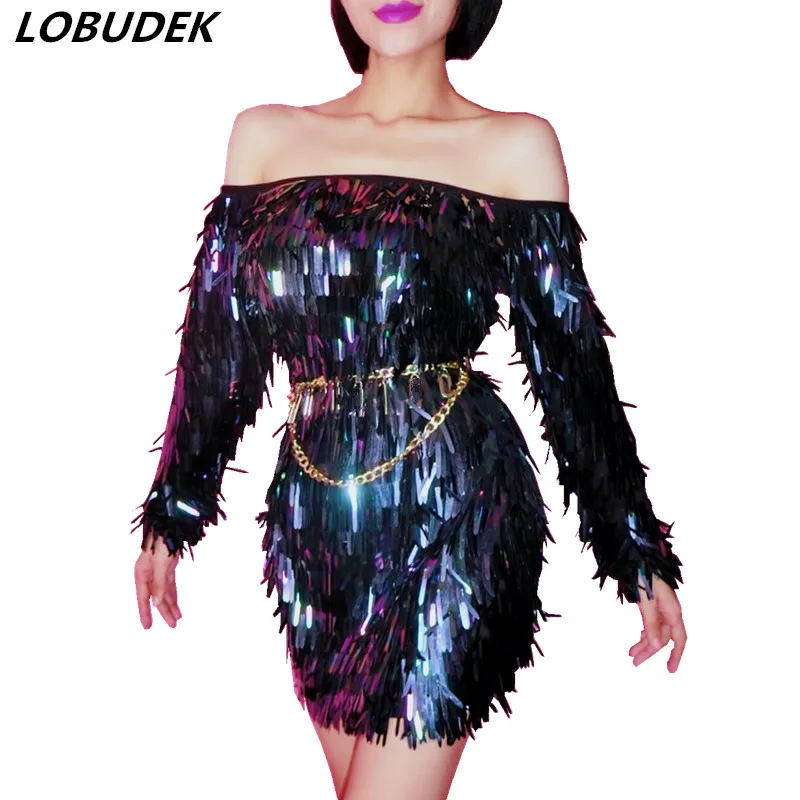 

Flashing Purple Black Sequins Strapless Short Dress Sexy Lady Off Shoulder Sequined Bag Hip Dress Singer Nightclub Stage Costume