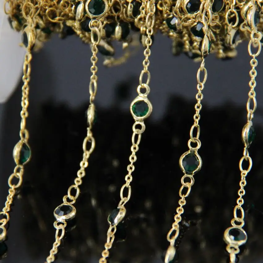 

5Meter/Lot,Green Glass Faceted Flat Round beads Coin Chains,Gold Plated Wire Wrapped Glass Chains bracelet woman sweater chain