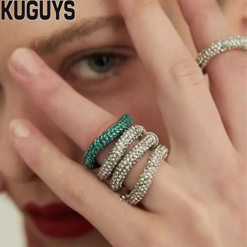 KUGUYS Hyperbole Crystals Warp Rings for Womens Fashion Jewelry High Quality Green White Crystal Opening Ring Trendy Accessories | Украшения