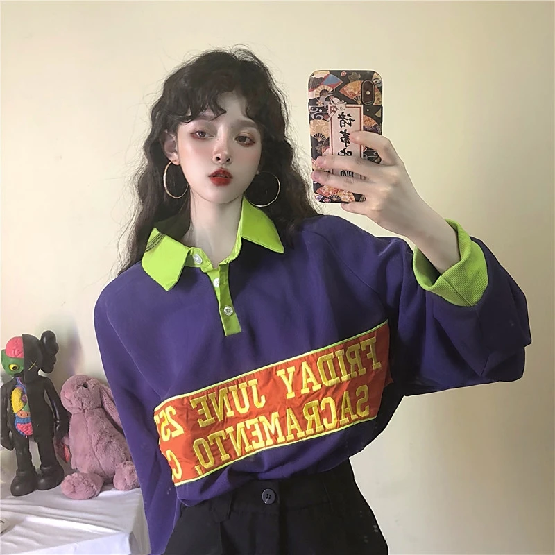 Корейский Осенний ulzzang хип-хоп хлопковый женский топ, повседневный Забавный большой размер, свободный длинный рукав, большие размеры, Футболка Harajuku с надписями