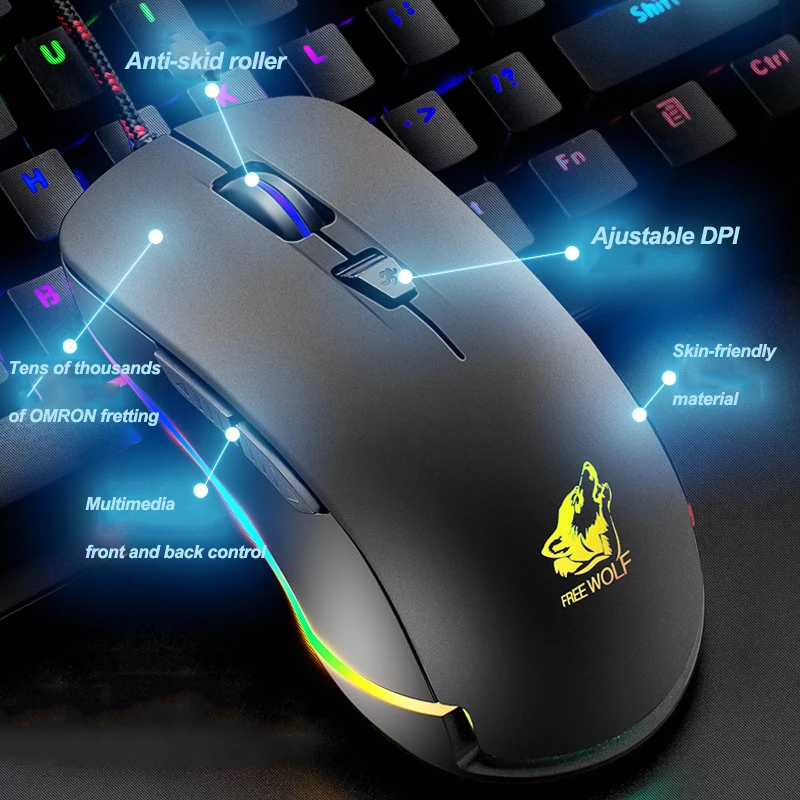 Волк V6 Проводная RGB светодиодный подсветкой USB Эргономичный 4000 Точек на дюйм + 6
