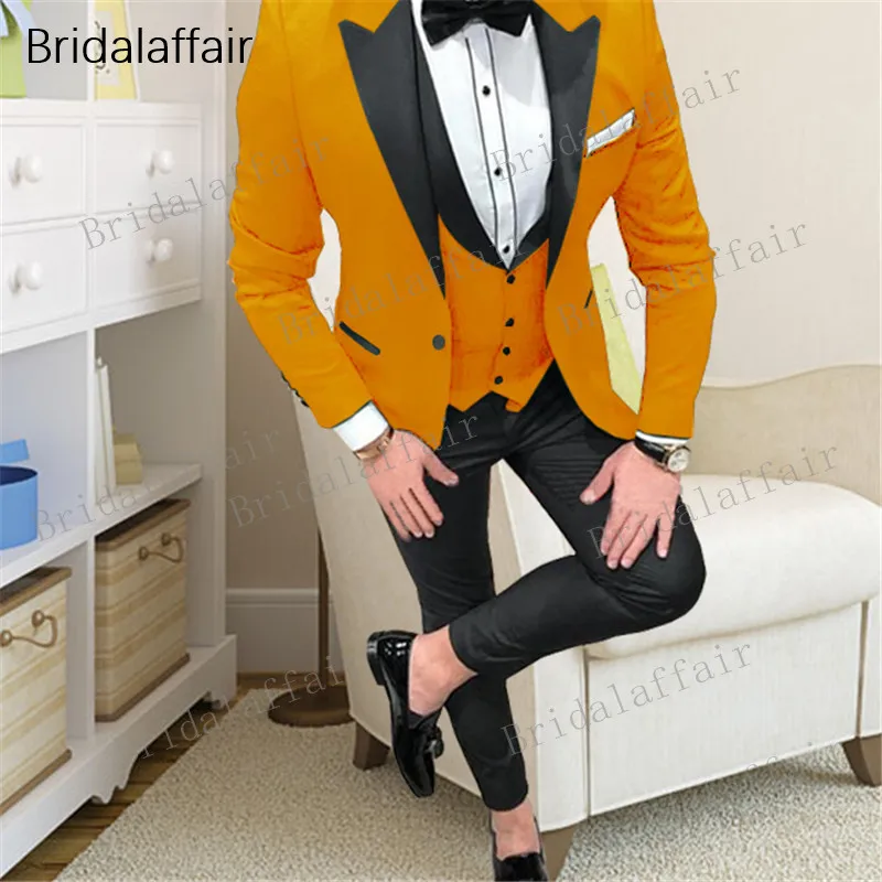 Оранжевый Bridalaffair последние конструкции пальто брюки Горячая розовая куртка Для мужчин костюмы Slim Fit Формальные классические брюки Made Жених свадьба смокинг Блейзер 3 шт - Цвет: Оранжевый