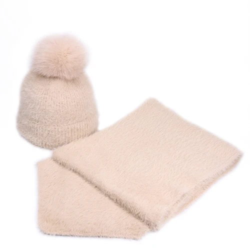 Beige - Set Зимняя винтажная женская и детская шапка из искусственного меха норки, шарф, комплект, однотонные дамские шапочки, шапки, шарфы, шапки для девочек с помпоном из меха лисы - Цвет: Beige - Set