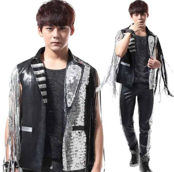 Летний стиль тонкий мужской кожаный жилет с блестками и кисточками мужские