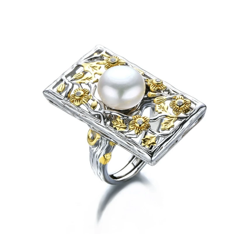 

925 sterling silver 10mm pearl rings gold Baroque style handmade flowers faceplate natural freshwater pearl rings for women gift