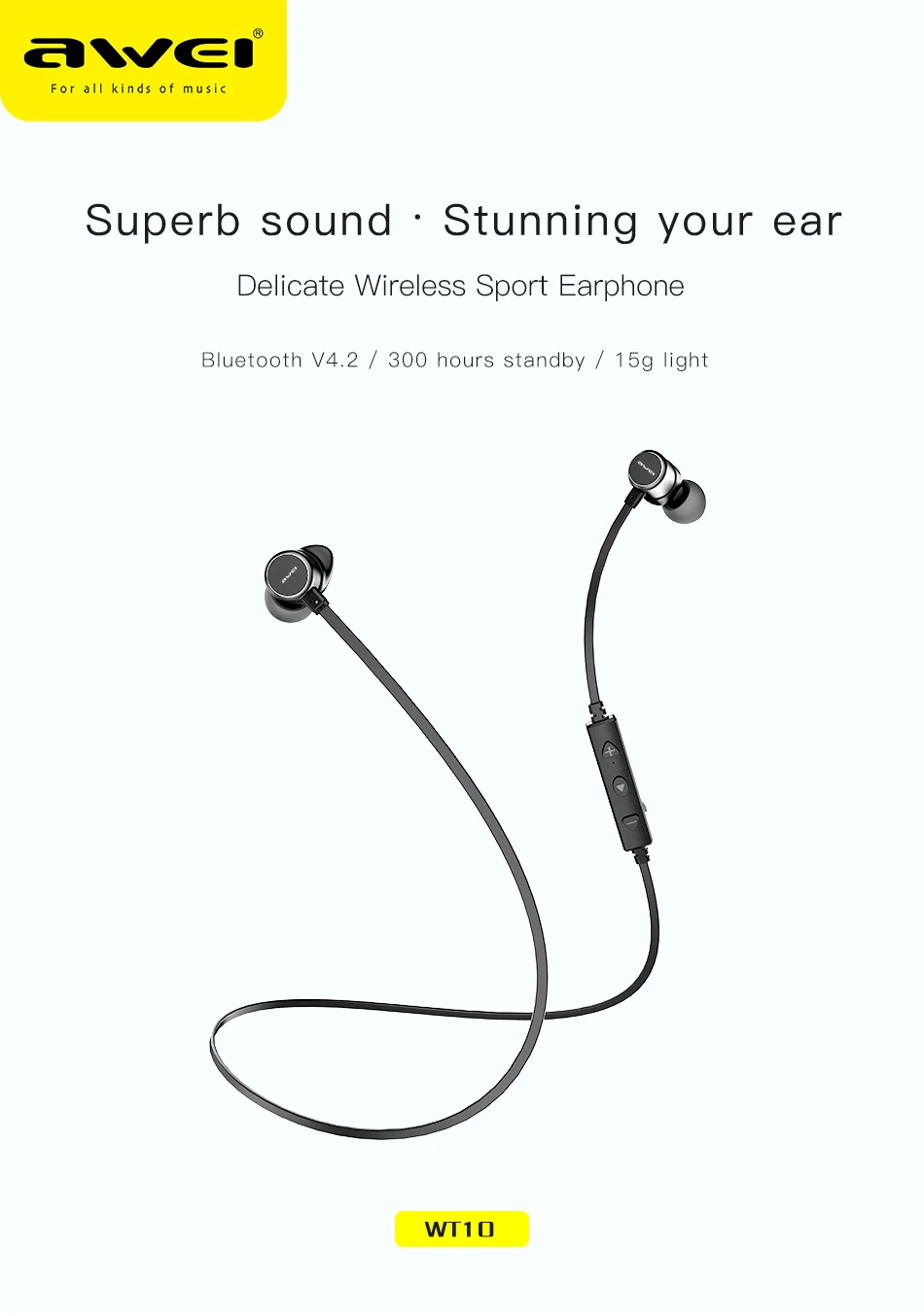 AWEI WT10 Bluetooth наушники, беспроводные наушники, гарнитура для телефона, шейные спортивные наушники CSR Bluetooth V4.2, шлем, наушник