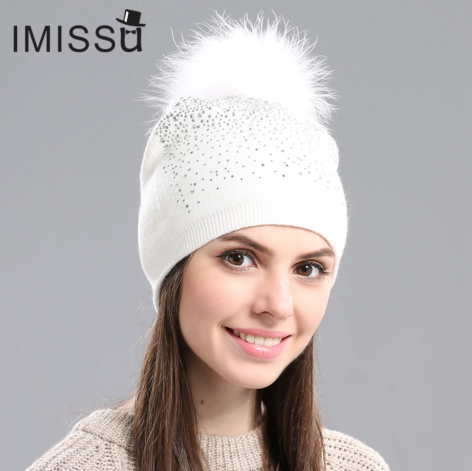 IMISSU женские Зимние Шапки Вязаные Шерстяные Случайный Маска Мех Енота Пом Hat