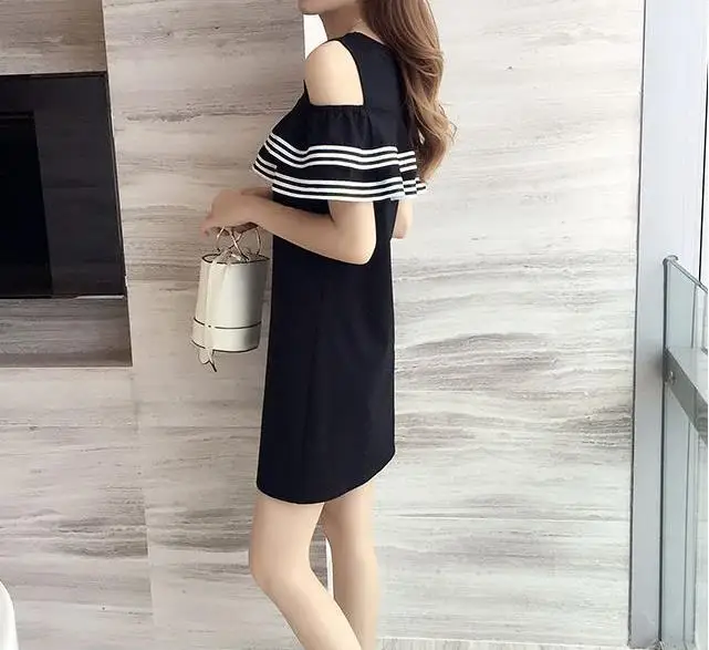 Summer dress Flap-sided striped a-style off-the-shoulder Sweet girlish Loose | Женская одежда
