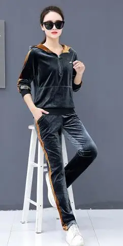 Dark Grey Новинка, Модный золотой Бархатный спортивный костюм для женщин, весна-осень, повседневный женский костюм с капюшоном, свитшот, комплект из двух предметов размера плюс - Цвет: Dark Grey