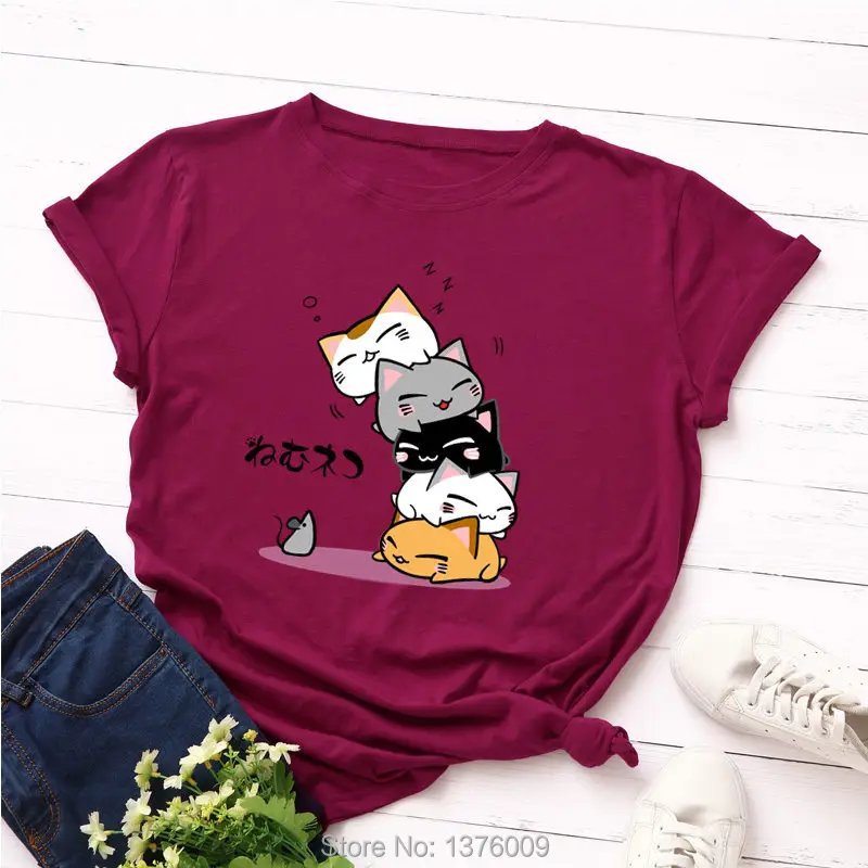 Летняя футболка с японскими играми женская футболка с котом Neko Atsume повседневные топы в стиле Харадзюку для школьниц Shein Mujer Tee S-5XL - Цвет: Бургундия