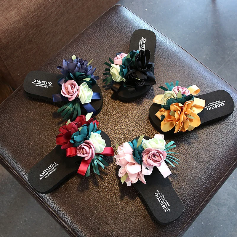 

2021 Shoes Woman Platform Flip Flops Flower Sandals Beach Shoes Kids Home Slippers Flat Parent-child Footwear House
