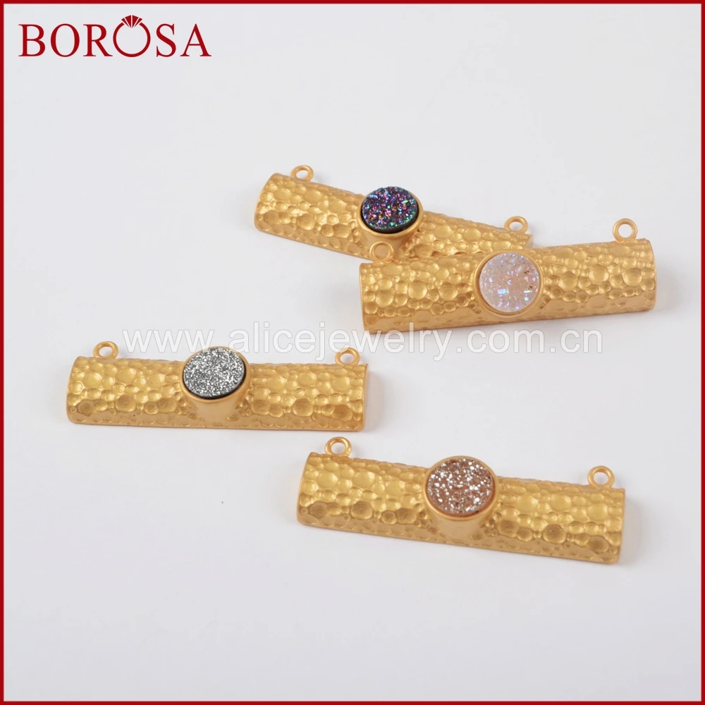 BOROSA 10PCS Rectangle Plating Color Druzy Connectors with Round Natural Agates Titanium Rainbow Pendant for DIY Necklace ZG0203 | Украшения
