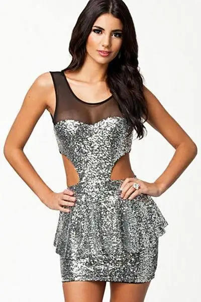 Silver/ Golden Clinquant Mesh Cutout Peplum Dress LC21094 new 2014 sexy women summer dress | Женская одежда