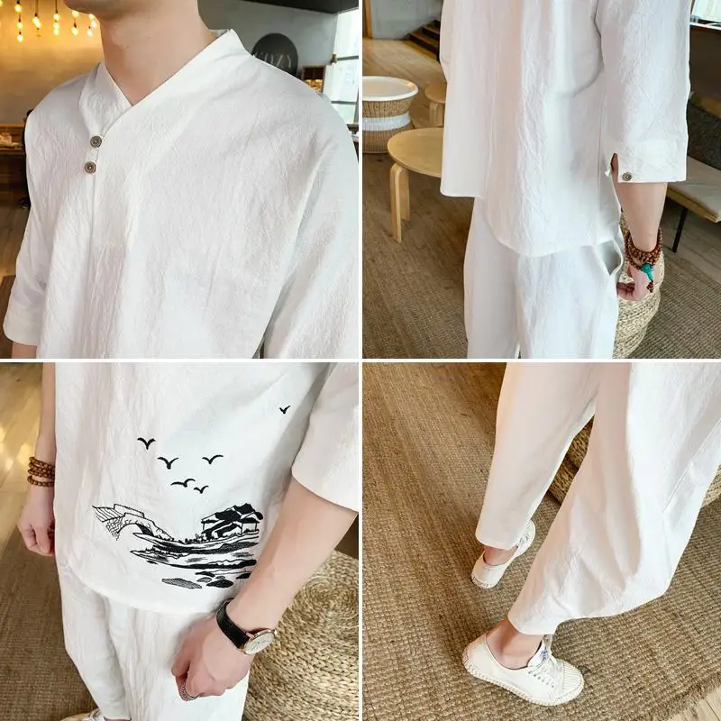 LOLDEAL китайские вышитые хлопковые и льняные мужские свободные брюки большого