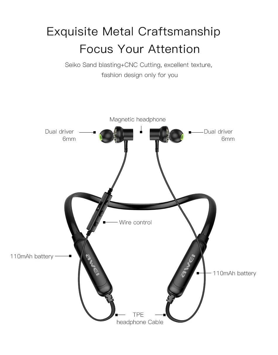 AWEI G20BLS, беспроводные Bluetooth наушники, наушники с микрофоном, двойной драйвер, шумоподавление, гарнитура, 3D стерео магнитные наушники