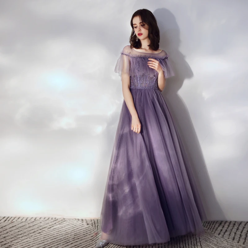 Женское вечернее платье до пола SSYFashion фиолетовое длинное с вырезом лодочкой