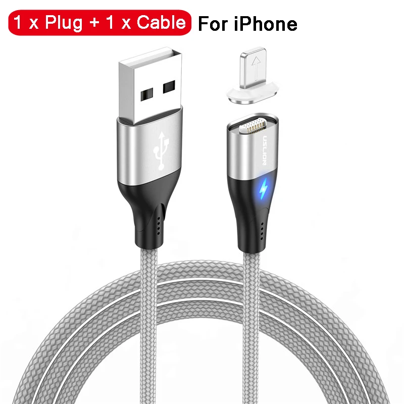 Silver For iPhone Магнитный кабель для быстрой зарядки USLION 1 м Micro usb type C для iPhone samsung Xiaomi 3A Micro usb type-C Магнитный кабель для зарядки и передачи данных - Цвет: Silver For iPhone