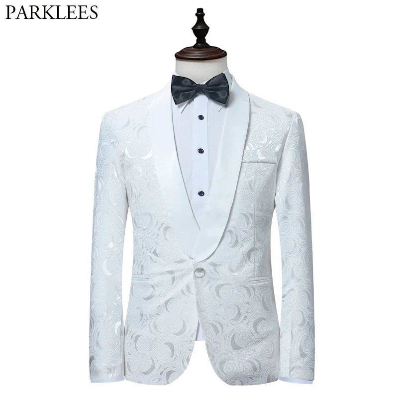 

Men's Elegant Rose Floral Print Tuxedo Suit Blazer Shawl Lapel One Button Wedding Groom Groomsmen Tuxedo Suit Jacket Male White