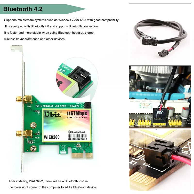 Ubit AC 1167 Мбит/с 8260 Bluetooth 4,2 беспроводная сетевая карта, 802,11 wifi карта, 5 ГГц-867 Мбит/с/2,4 ГГц-300 Мбит/с сетевая карта для ПК