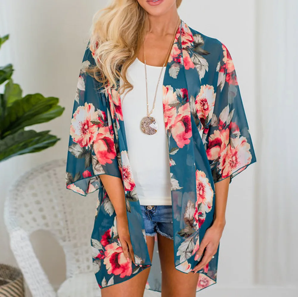 Женские блузки Boho шифоновое кимоно пляжное цветочное летнее солнцезащитный