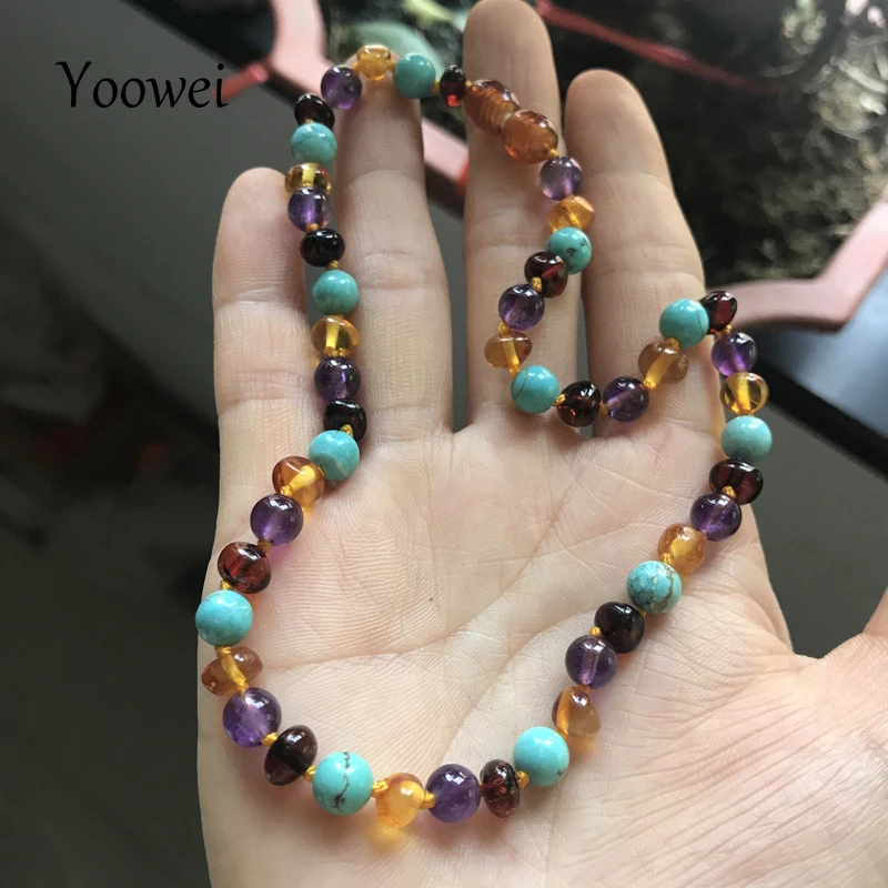 Yoowei Baby Amber Teething Necklace Genuine Beads Natural Amethyst Turquoise Baltic Amber Jewelry Bracelet Necklace Wholesale