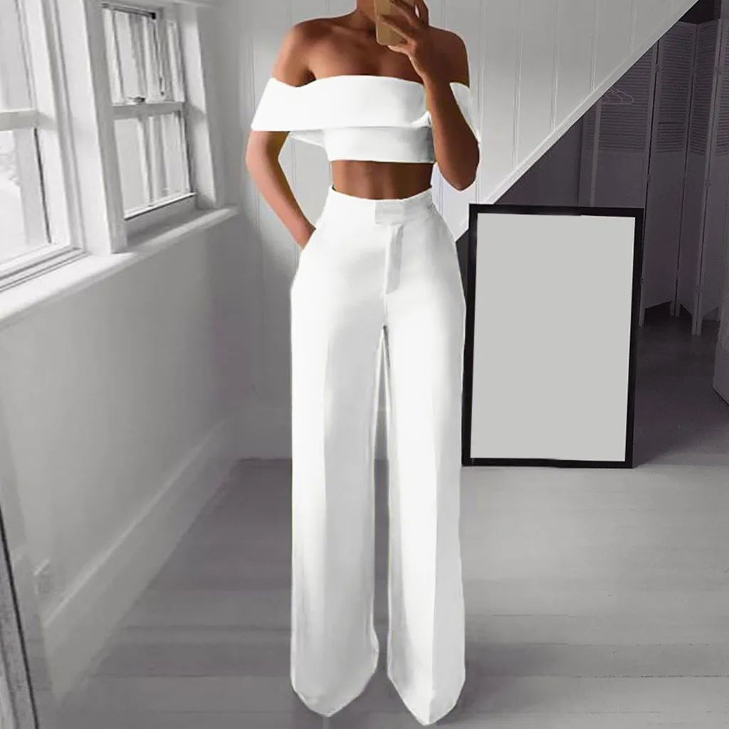 

Hot Sale Neon Women Set Fashion Green White Black Cold Shoulder Ruffle Shirt Button Zipper Wide Leg Pant Suit 2020 Dropshipping