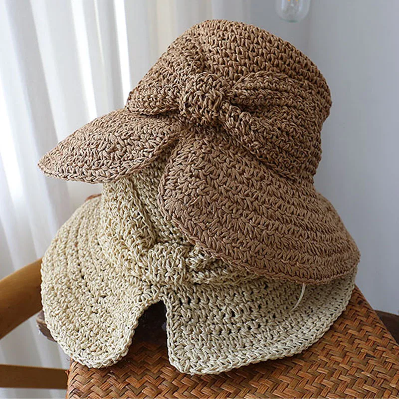 

Solid Simple Woman Summer Hat Female Casual Bowknot Straw Cap Girls Knit Sun Hat