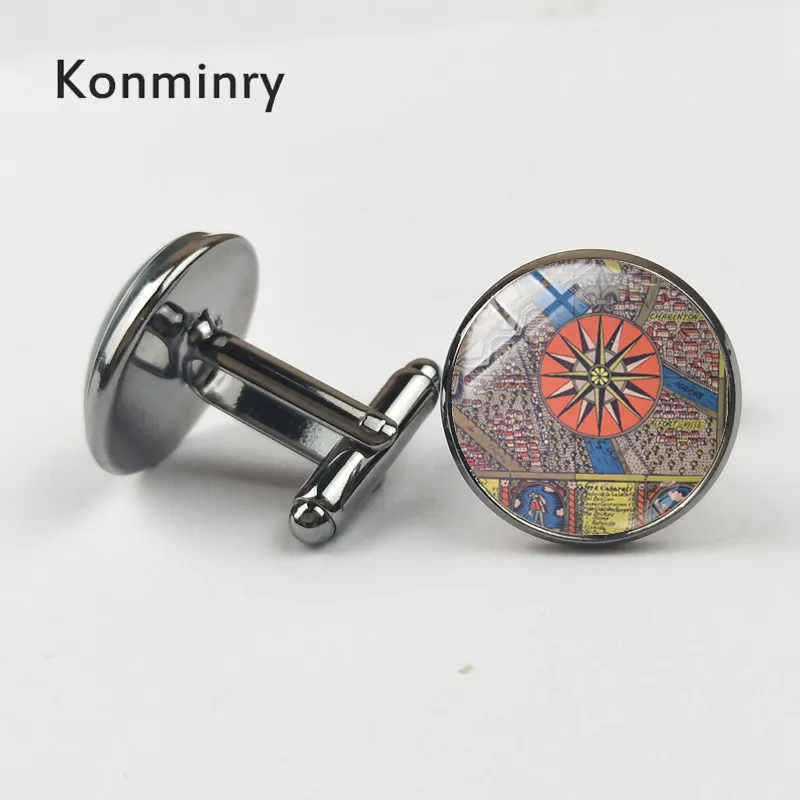 black gun Konminry Винтаж Париж, Франция карта Запонки Красный зеленый компас узор Круглый Стекло Подвески Для мужчин рубашка костюм Запонки Свадьба - Окраска металла: black gun
