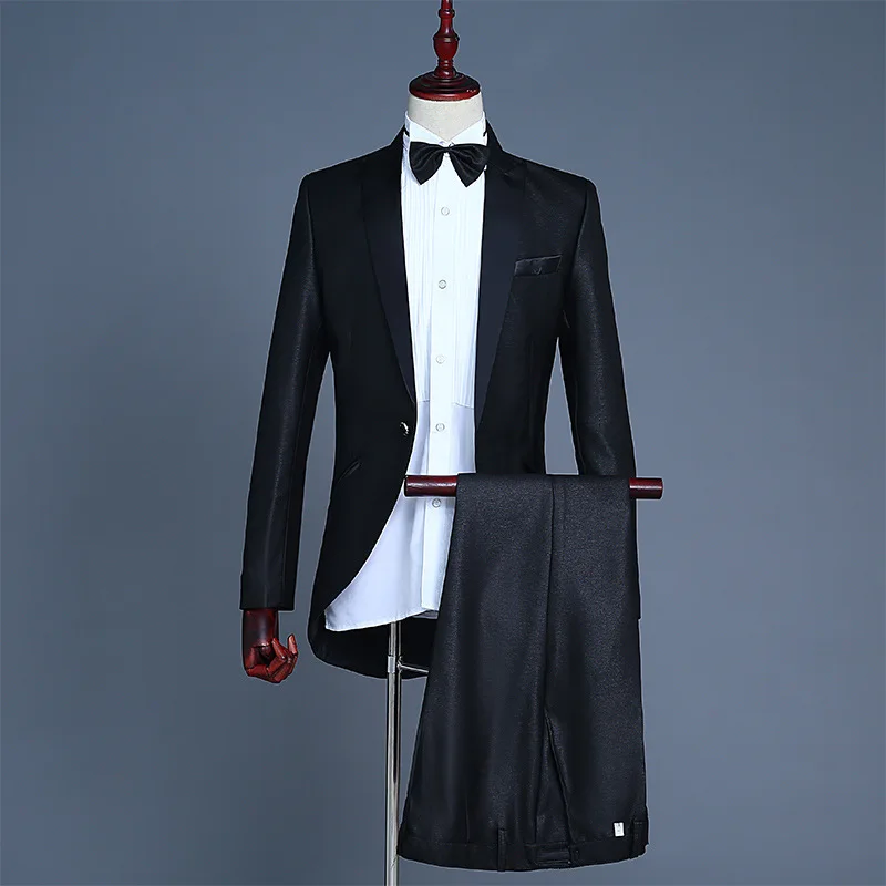 

Black Tailcoat Suit Men Wedding Groom Prom Tuxedo Suits Men Party Nightclub 2 Piece Suit (Jacket+Pants) Stage Singer Costumes