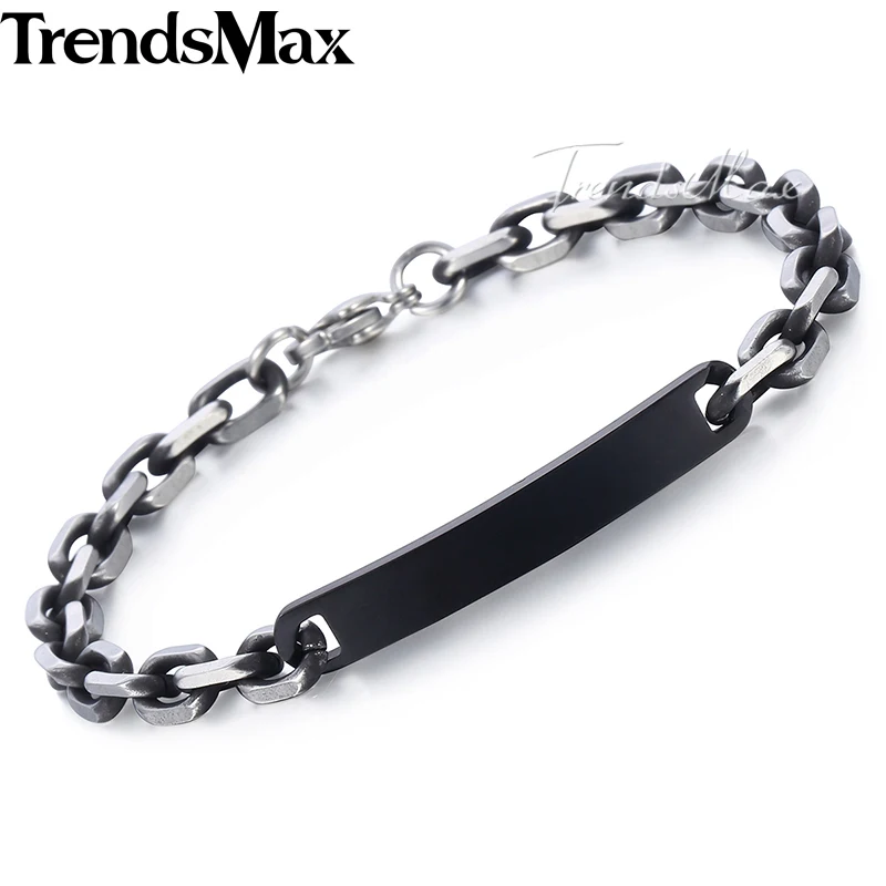 Мужской браслет Черный ID бар гравировка металлический кабель цепь нержавеющая