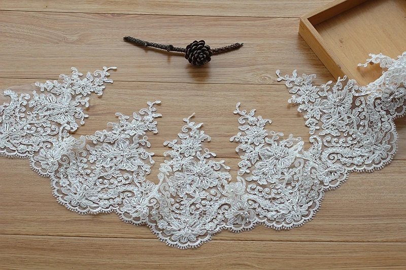 

Ivory Alencon Lace Trim High Quality Hand Made Beaded Sequined Wedding Lace Trim Embroidered Retro Lace Bridal 9.06''Wide 1yard