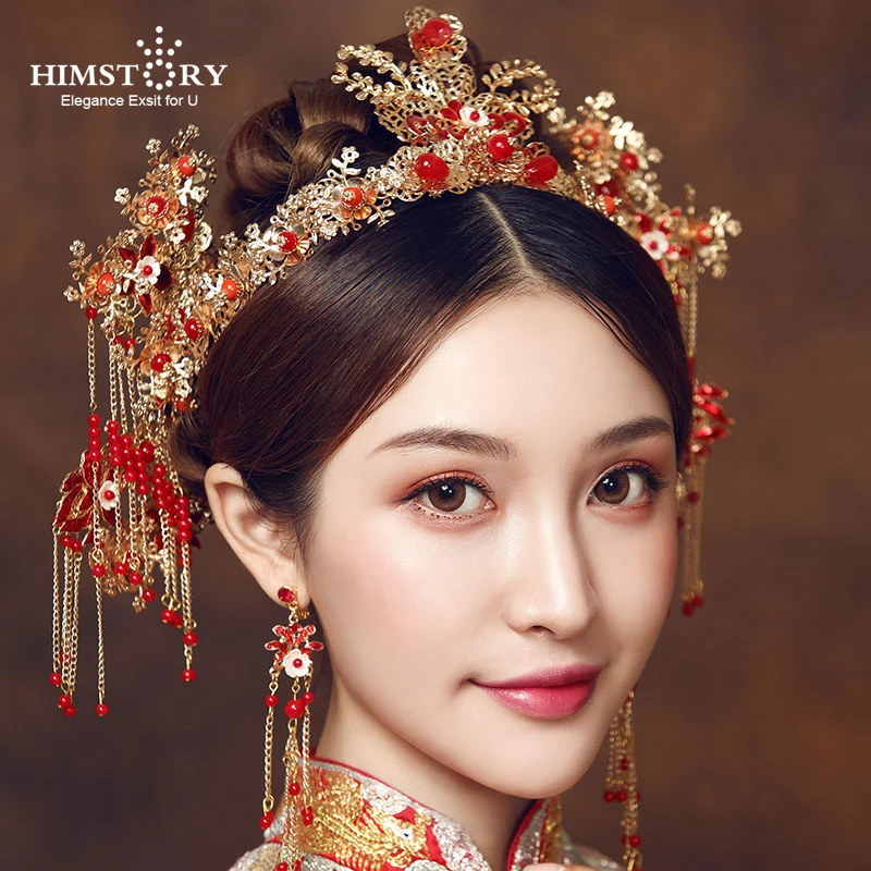 

HIMSTORY Traditional Chinese Hair Sticks Bridal Hairpins Headpiece Vintage Hairwear Beads Handmade Bride Wedding Hair Accessory