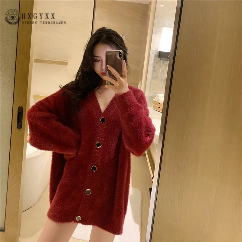 Sweater Women Spring Loose Lazy Wind Thicken Long Sleeve Plush Cardigan Blouse V-neck Knit Casual Simple Solid Color Top C050 |