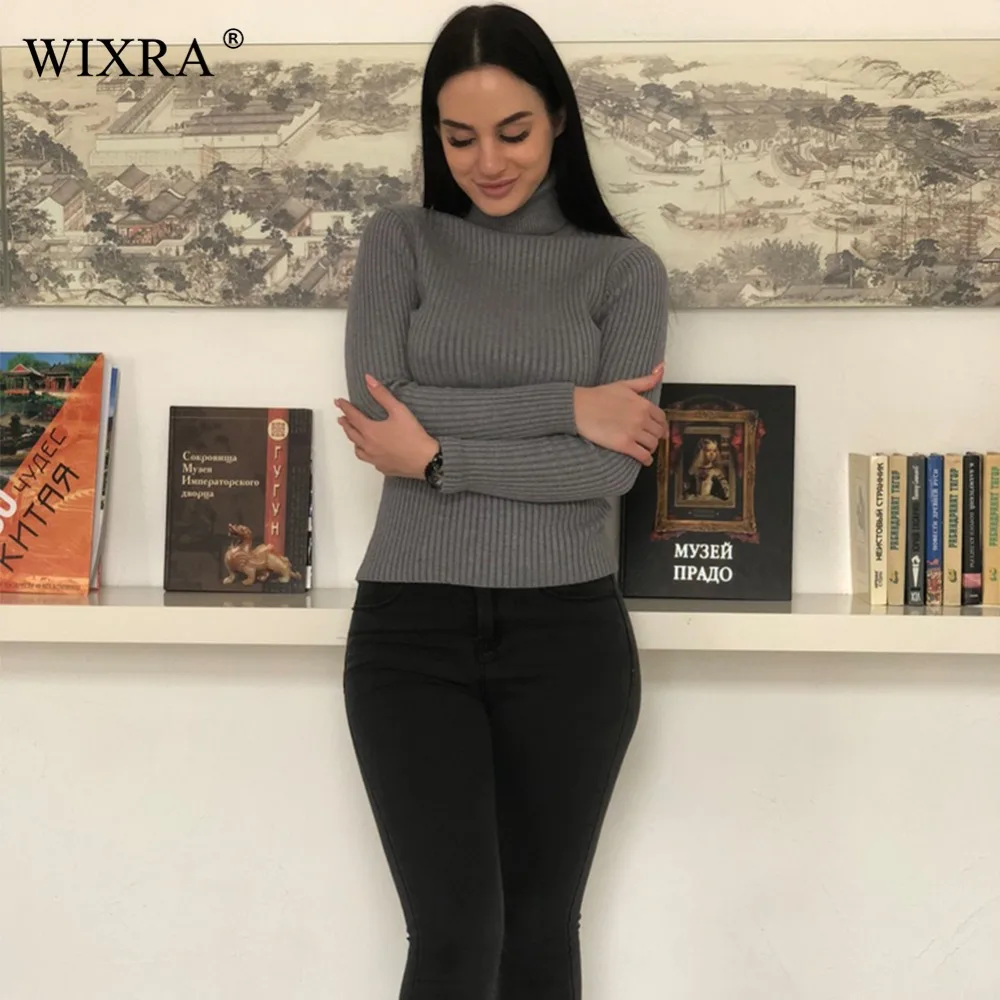 Осень-зима 2017 Женская водолазка Wixra облегающие пуловеры однотонные с длинным