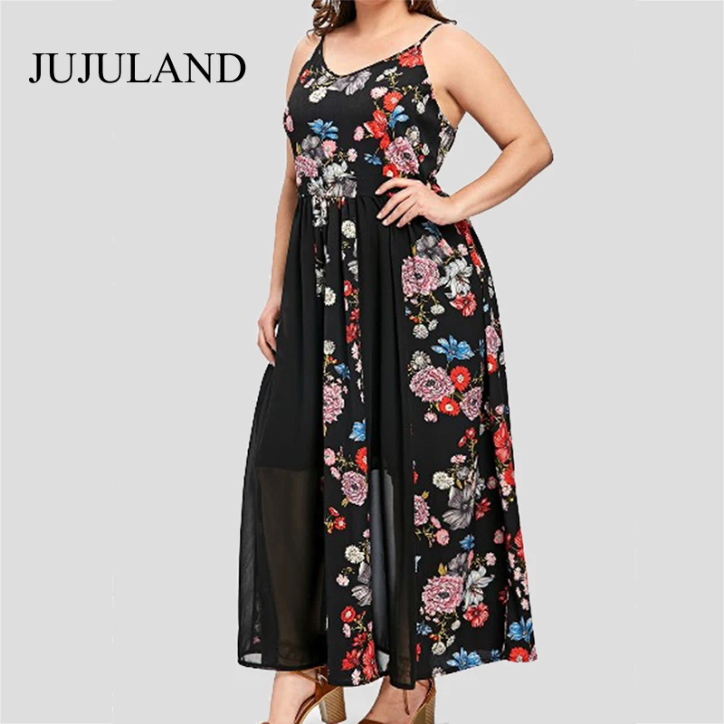 Летнее платье плюс Размеры трапециевидной формы без рукавов Цветочный Плюс