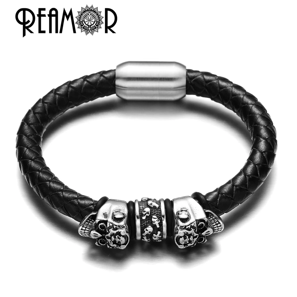 Мужской браслет в стиле панк REAMOR с черепом из нержавеющей стали 316L|designer leather