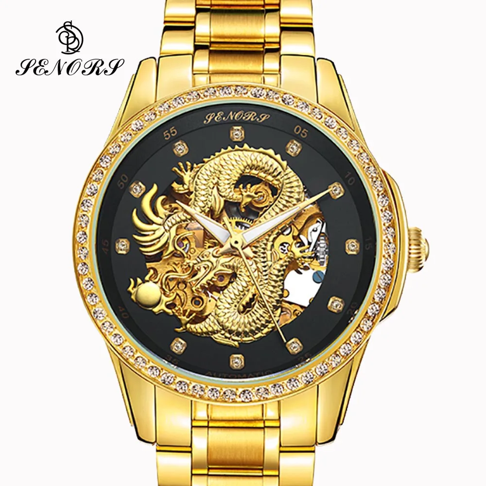 Купи Anniversary Edition Gold Watches Men 3D China Dragon Mechanical Skeleton Rhinestones watch men Wrist Watch Waterproof 30m за 2,512 рублей в магазине AliExpress