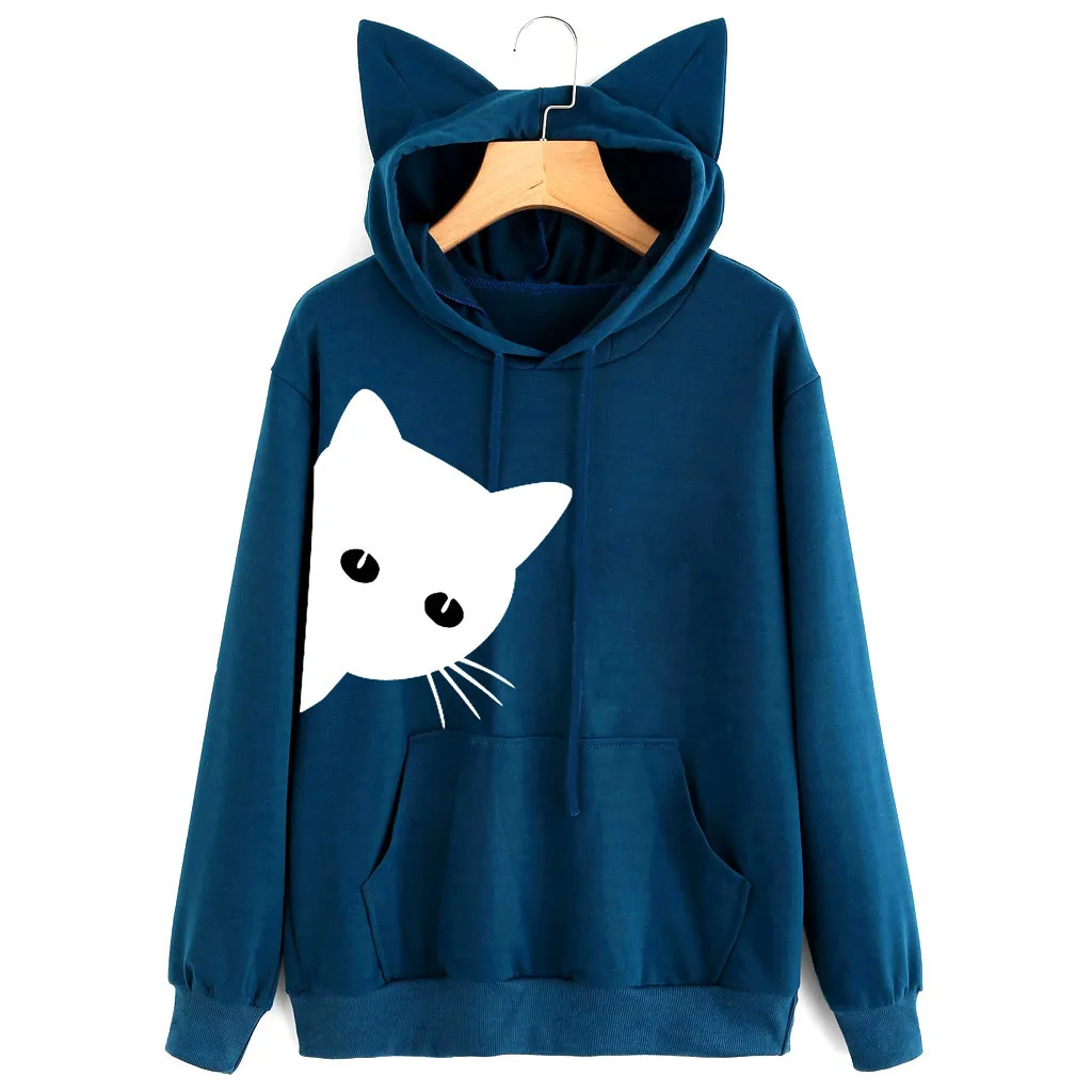 Женские толстовки с принтом кота длинным рукавом Харадзюку пуловер капюшоном