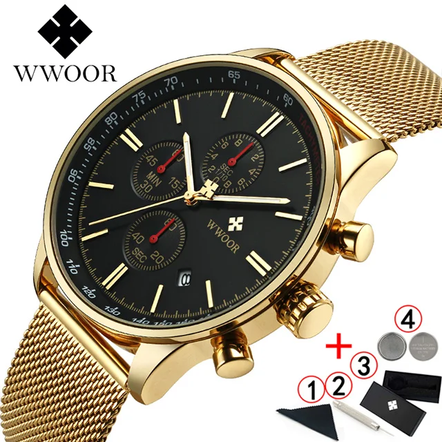 gold black box Мужские часы, мужские часы от ведущего бренда, роскошные часы WWOOR с хронографом, золотые мужские наручные часы в стиле милитари, мужские часы s - Цвет: gold black box