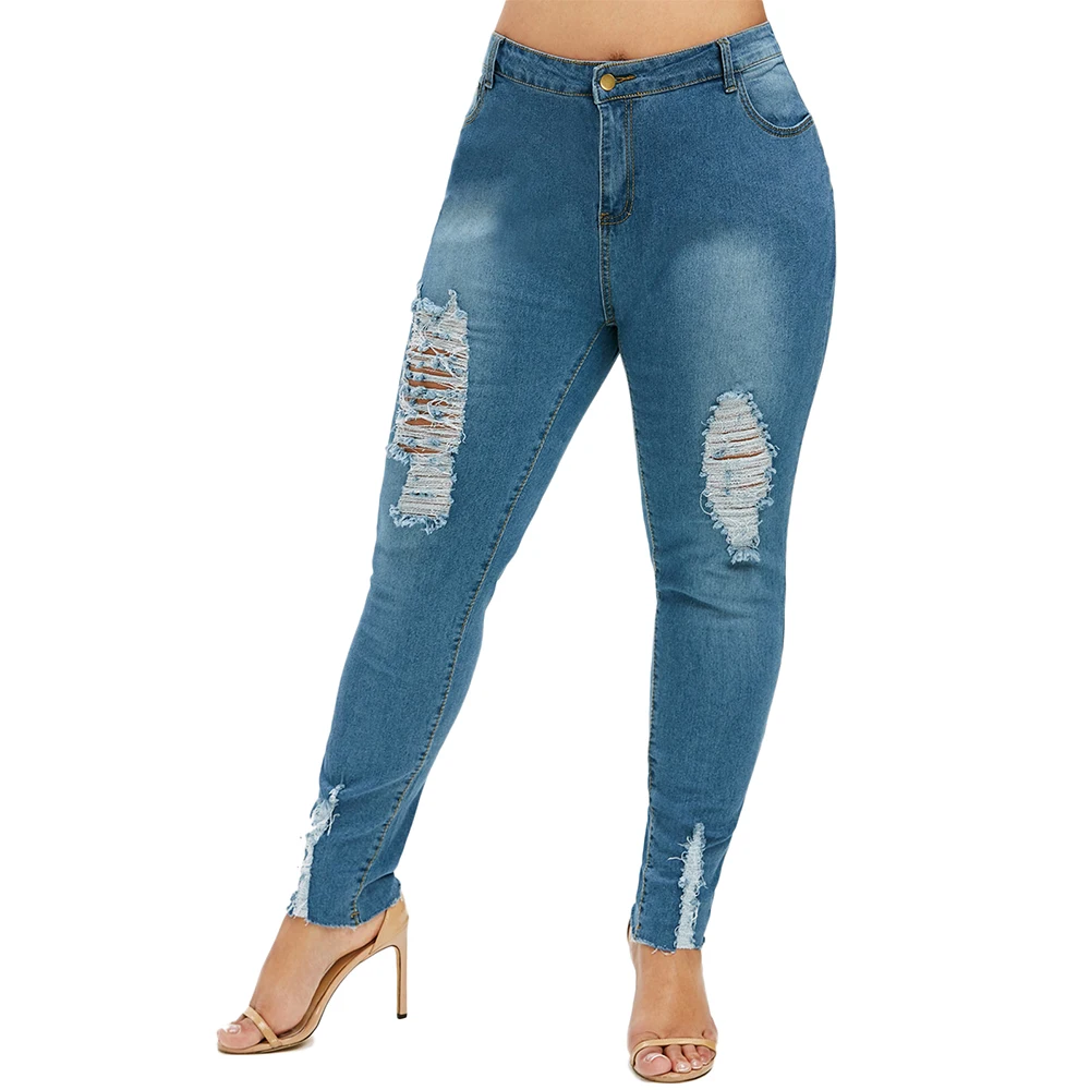 Wipalo Women Ripped Raw Hem Plus Size Jeans Mid Waist Skinny Denim Pencil Pants Big 5XL Ladies Casual Female Trousers | Женская одежда
