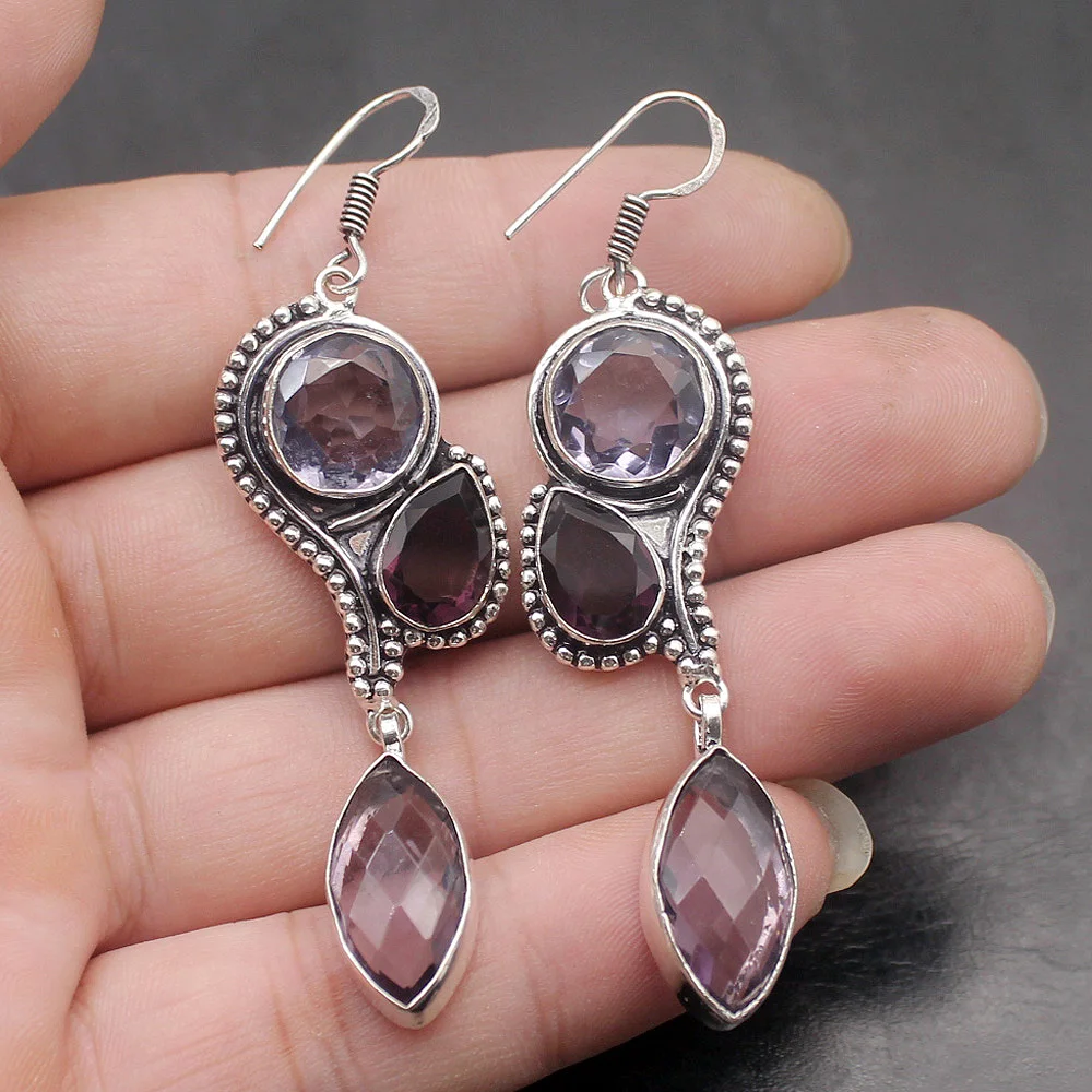 Gushing Vintage Purple Amethyst925 Sterling Silver Color Dangle Earring Women Jewelry Free Shipping 2 7/8 INCH TF489 | Украшения и