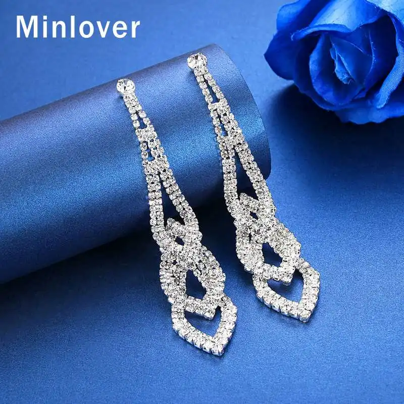 Minlover Rhinestone Geometric Long Pendant Drop Earrings Jewelry for Women Silver Color Hanging Dangle Wedding MEH1012 | Украшения и