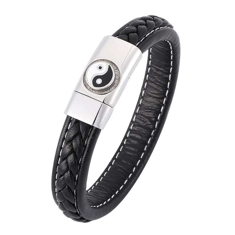 Steel color buckle Китайский стиль Tai Chi Ying Yang браслет мужской черный плетеный кожаный браслет мужской Панк ювелирные изделия магнитная пряжка SP0352 - Окраска металла: Steel color buckle