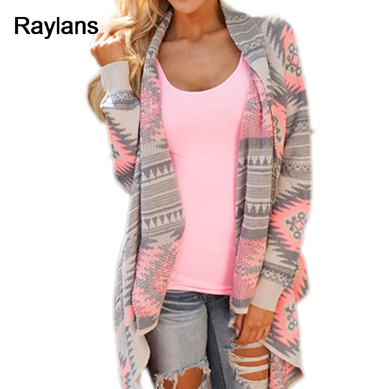 Raylans 2017 Women Irregular Geometric Printed Cardigan Open Front Loose Sweaters Jumper Outwear Coat Tops |