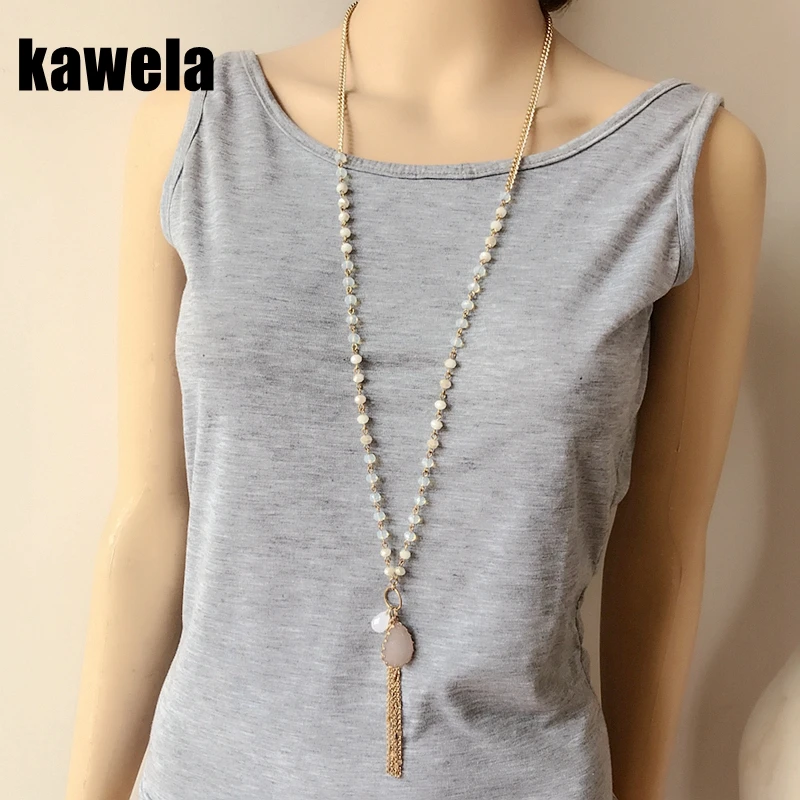 

Long Beaded Pink Charm Pendant Necklace Simple Chains Jewelry